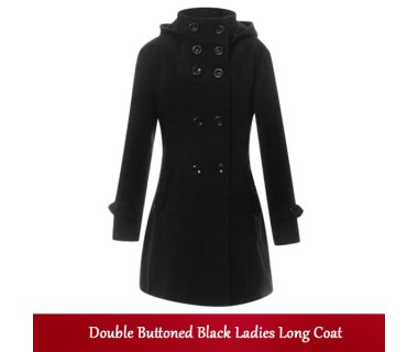 Double Buttoned Black Ladies Long Coat